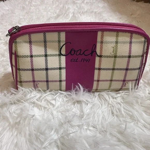 Coach Peyton Tattersall Coated Canvas and Leather Plaid Pink Stripe Cosmetic Bag - Picture 1 of 9